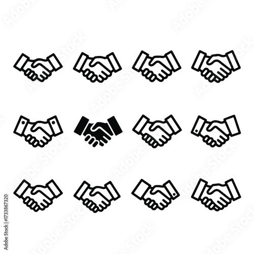 Handshake symbols representing collaboration and partnership arranged in a grid pattern on a white surface, conveying a sense of unity and cooperation.