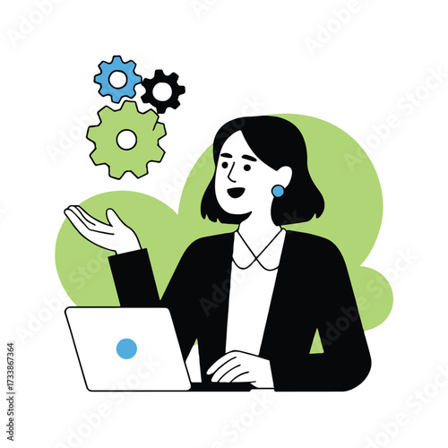 Vector art of a woman is presenting gears near a laptop, representing technical skills and problemsolving, shes wearing a suit