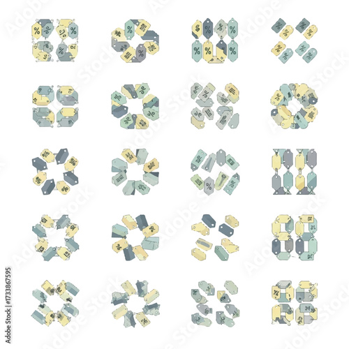 Arrangement of decorative tags forming various geometric shapes on white surface creating a visually interesting and aesthetically pleasing pattern.