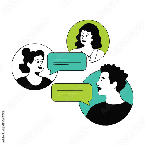 Vector art of a diverse group of people are engaged in online communication and conversation through speech bubbles