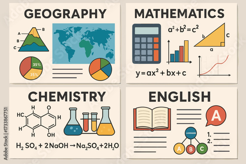 School Subjects Infographic Set.Colorful flat illustration set representing school subjects: geography, mathematics, chemistry, and English. Includes icons of mountain, map