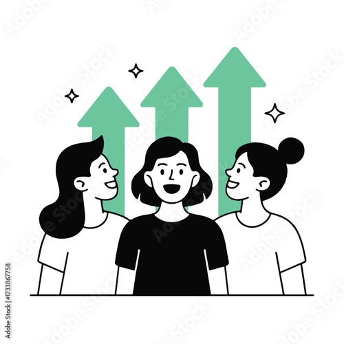Vector art of a group of three happy women are celebrating business success and growth, with upward arrows symbolizing progress