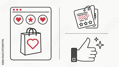 Online shopping feedback and approval icons shopping bag