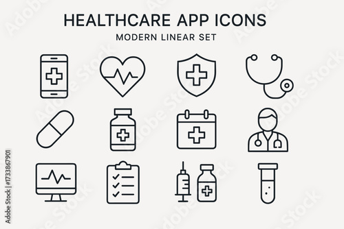 Healthcare App Linear Icons Set.Modern linear icon set for healthcare and medical mobile applications.