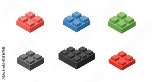 Colorful isometric building blocks set in various shades and arrangements
