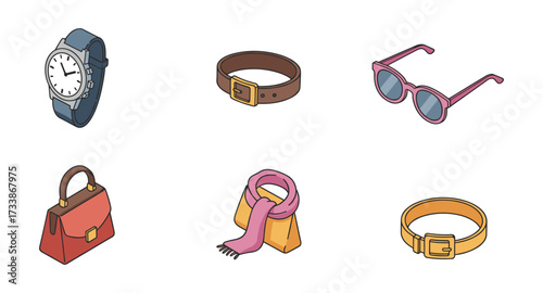 Stylish fashion accessories collection with bags, watches, sunglasses, and more in isometric style