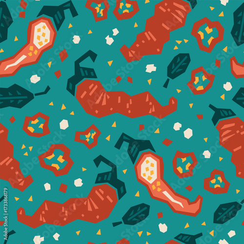 Abstract Red Chili Peppers Seamless Pattern, Food Background, Vector illustration