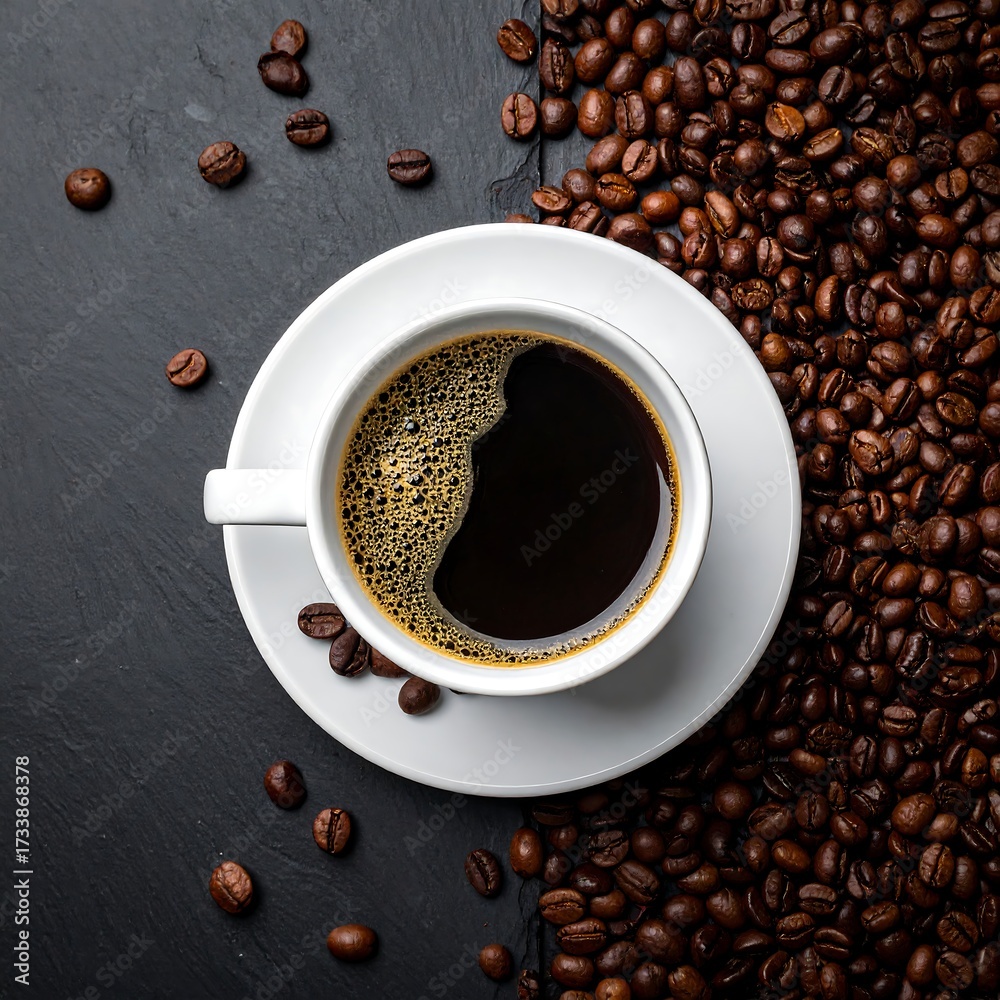 Fototapeta premium Overhead view of coffee cup and beans