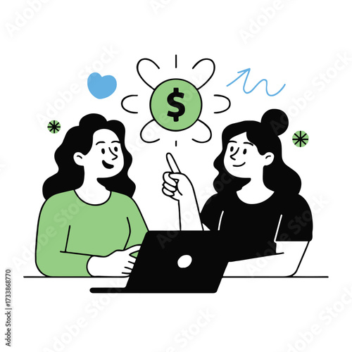 Vector art of two women are working on a laptop to earn money, they are collaborating and brainstorming to achieve financial success