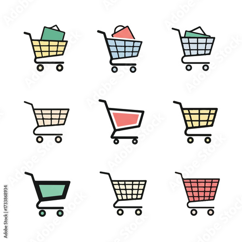 Various shopping carts displaying different items, arranged neatly on a white surface, creating a clean and organized presentation.
