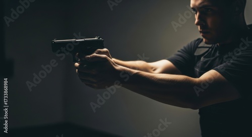 Man holding a firearm in a tactical stance. Security, protection, and self-defense concept. Law enforcement training. Military profession.