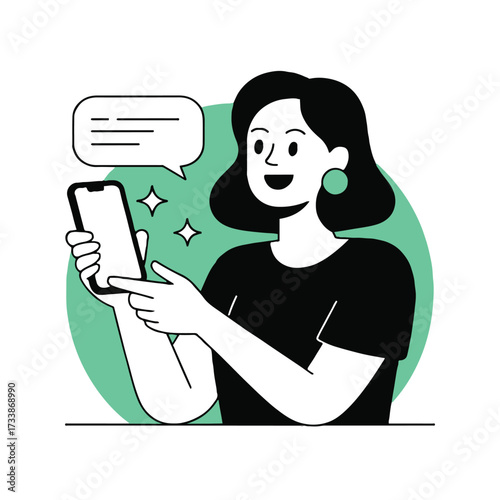 Vector art of a woman is holding a smartphone and smiling, she is looking at the screen and typing a message, happy with the result