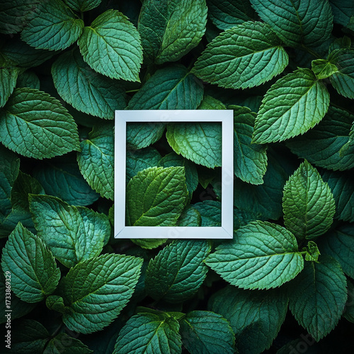 A minimalist white square frame placed over a dense arrangement of fresh green leaves, highlighting natural textures, symmetry, contrast, and beauty of nature while merging simplicity, creativity, geo