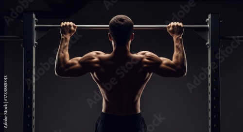 Male athlete on a horizontal bar. Man with strong back and biceps. Power, sport and healthy lifestyle. Fitness training and workout in gym.