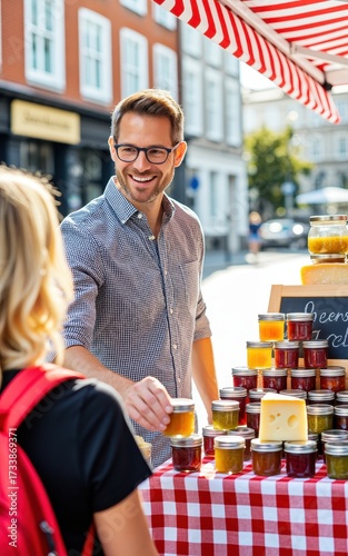 Market vendor selling local honey to shoppers in urban street setting lifestyle photography daytime scene