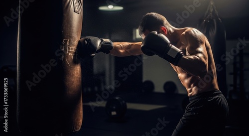 Male boxer hitting a punching bag in a dark gym. Caucasian man training boxing alone. Fitness and strength concept. Dedicated athlete workout.