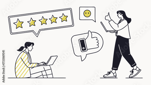 People interacting with feedback and rating icons stars
