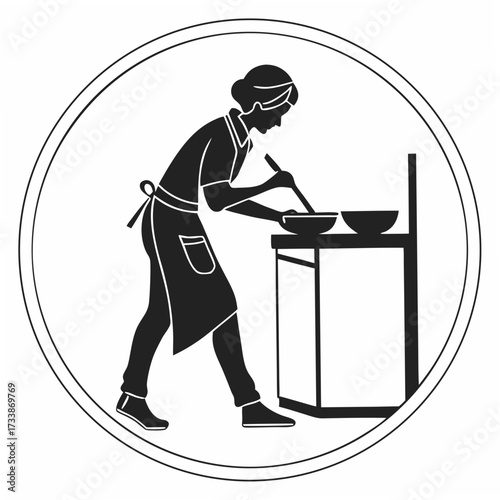 Person cooking in apron stirring bowl on white background 1