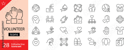 Volunteer icons set. Includes symbols of helping hands, community service, charity, donation, teamwork, social support, and humanitarian aid. Editable stroke. Vector illustration. Outline icons.