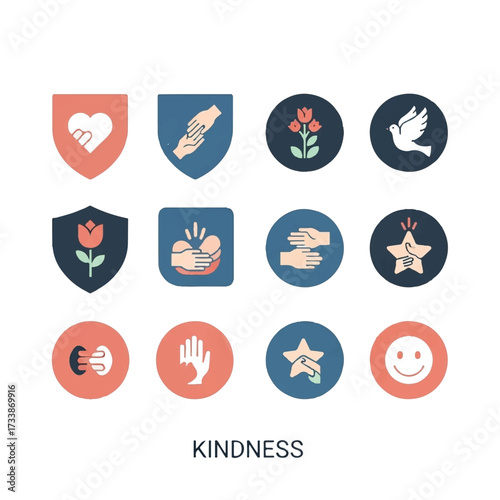 Kindness symbols representing love, peace, and support arranged neatly on white backdrop, conveying message of compassion and unity.