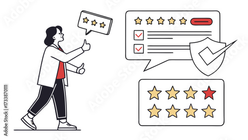 Person giving thumbs up with star ratings and shield