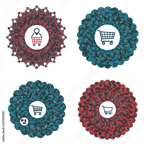 Shopping cart symbols in decorative circles represent retail business and online commerce, creating a modern and eyecatching design.