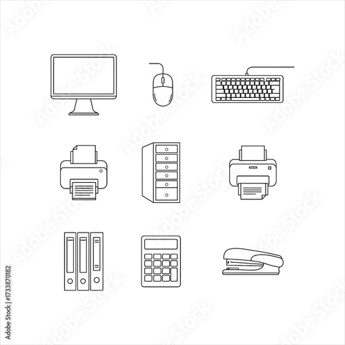Neat office outline for your next project featuring computer, mouse, keyboard, printer, file cabinet, binders, calculator, and stapler for a minimalist design