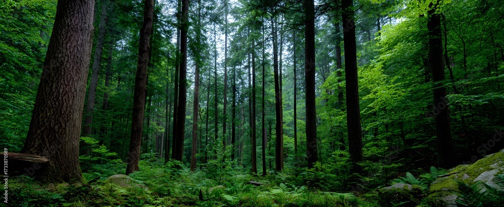 Obraz premium The dense forest features towering trees and vibrant lush greenery.