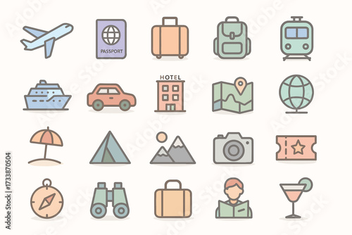 Travel and Tourism Colored Line Icons Set.Collection of 20 colored linear vector icons on the theme of travel and tourism.