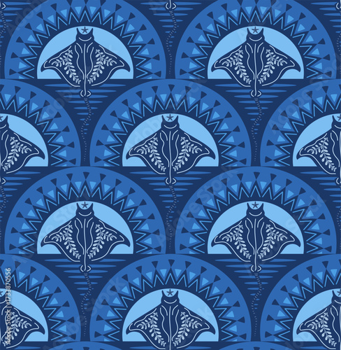 ocean sea life manta rays in art deco rising sun  scallops  seamless pattern, vector illustration repeat design print