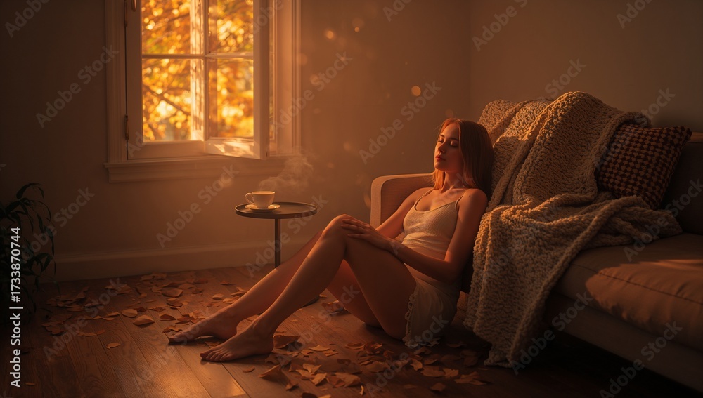 Obraz premium A woman is sitting on the floor in a room with a window