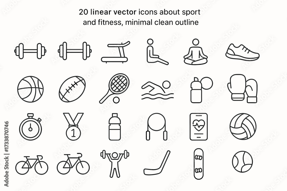 Fototapeta premium Sport and Fitness Linear Icons Set.Collection of 24 thin line vector icons about sport and fitness activities.