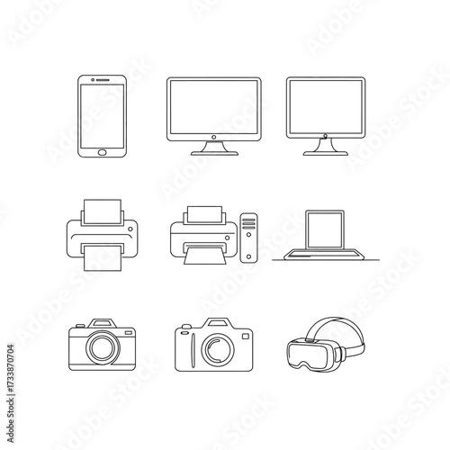 Essential tech gadgets and devices line art for modern lifestyle branding, promoting digital innovation, or visualizing seamless tech integration into everyday life