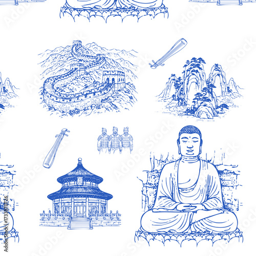 Toile de Jouy style seamless pattern with Chinese landmarks and elements. Vintage sketch of Great Wall, Leshan Giant Buddha, Mount Huangshan, Temple of Heaven