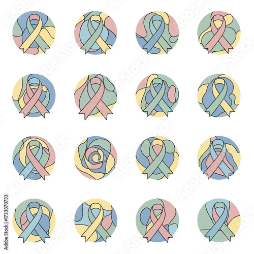 Pastel ribbons symbolize various causes within circles, representing support and awareness for different health conditions and social issues.