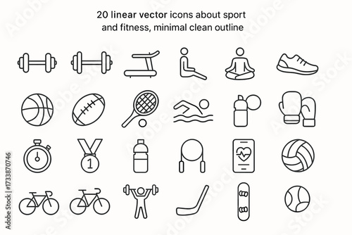 Sport and Fitness Linear Icons Set.Collection of 24 thin line vector icons about sport and fitness activities. 
