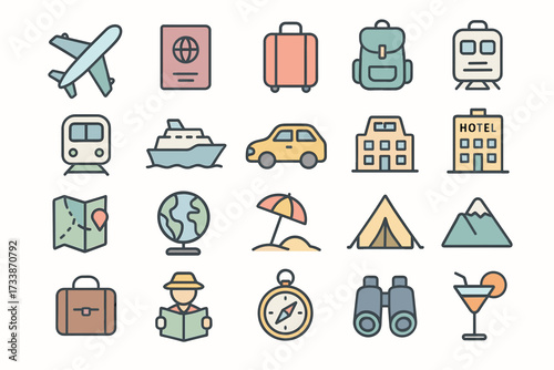 Travel and Tourism Colored Line Icons Set.Collection of 20 colored linear vector icons on the theme of travel and tourism.