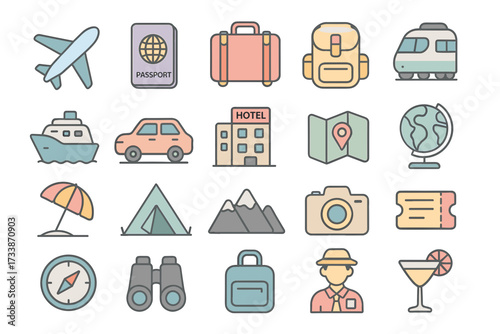 Travel and Tourism Colored Line Icons Set.Collection of 20 colored linear vector icons on the theme of travel and tourism.