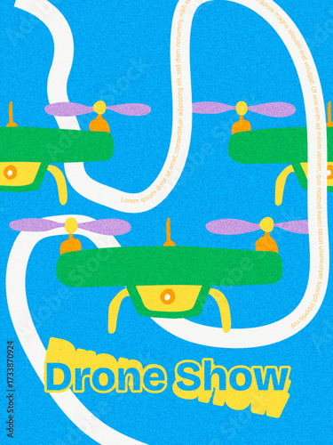 Grunge funky poster of a drone show. Modern retro design with technology theme