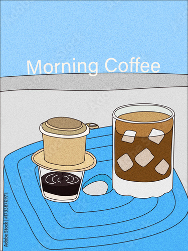 Flat illustration of a glass of iced milk coffee and 1 cup of coffee being brewed with a filter. Both were placed on a blue plastic chair on a pavement.