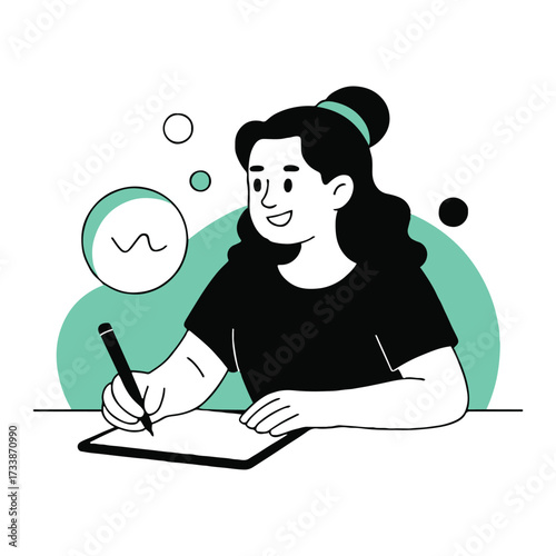 Vector art of a woman is writing on a tablet, with a thought bubble above her head, she is creative and working on a project