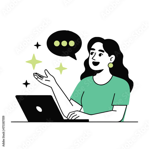 Vector art of a woman is working on her laptop with a speech bubble above her head, she is wearing a green shirt and has a happy expression