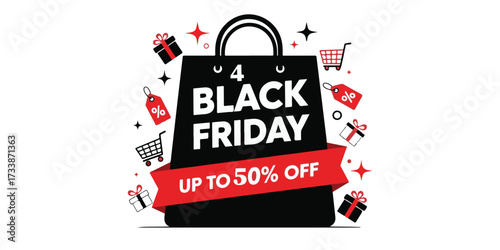 Black friday shopping bag with up to 50 percent off sale banner