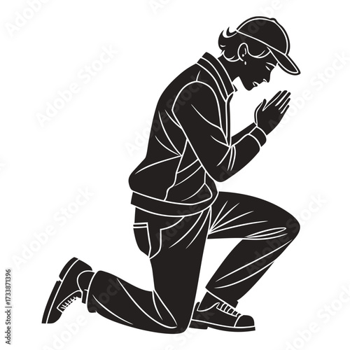 Person kneeling with hands clasped on white background
