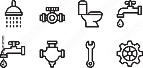 Black and white plumbing icons set with showerhead, toilet, faucet, wrench, valve and gear in minimalist line style.
