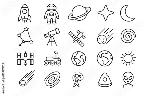 Space and Astronomy Linear Icons Set. Collection of thin line space and astronomy icons. Includes rocket, astronaut, planet, moon