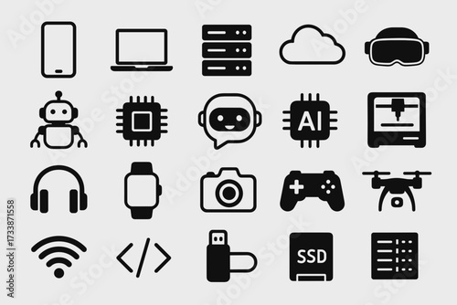 Technology and Artificial Intelligence Icons Set — Digital Devices, AI, Robotics, Coding and Cloud Computing