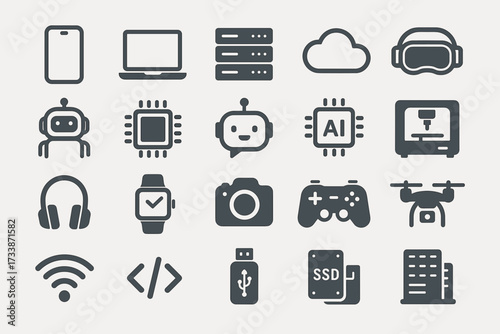 Technology and Artificial Intelligence Icons Set — Digital Devices, AI, Robotics, Coding and Cloud Computing