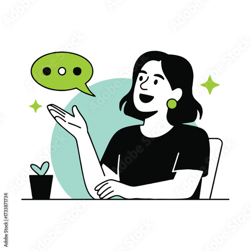 Vector art of a happy woman is presenting a business idea with speech bubble business presentation and communication concept