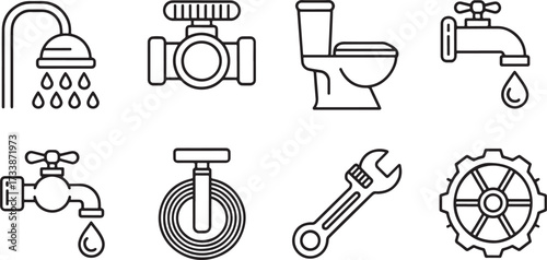 Black and white plumbing icons set with showerhead, toilet, faucet, wrench, valve and gear in minimalist line style.